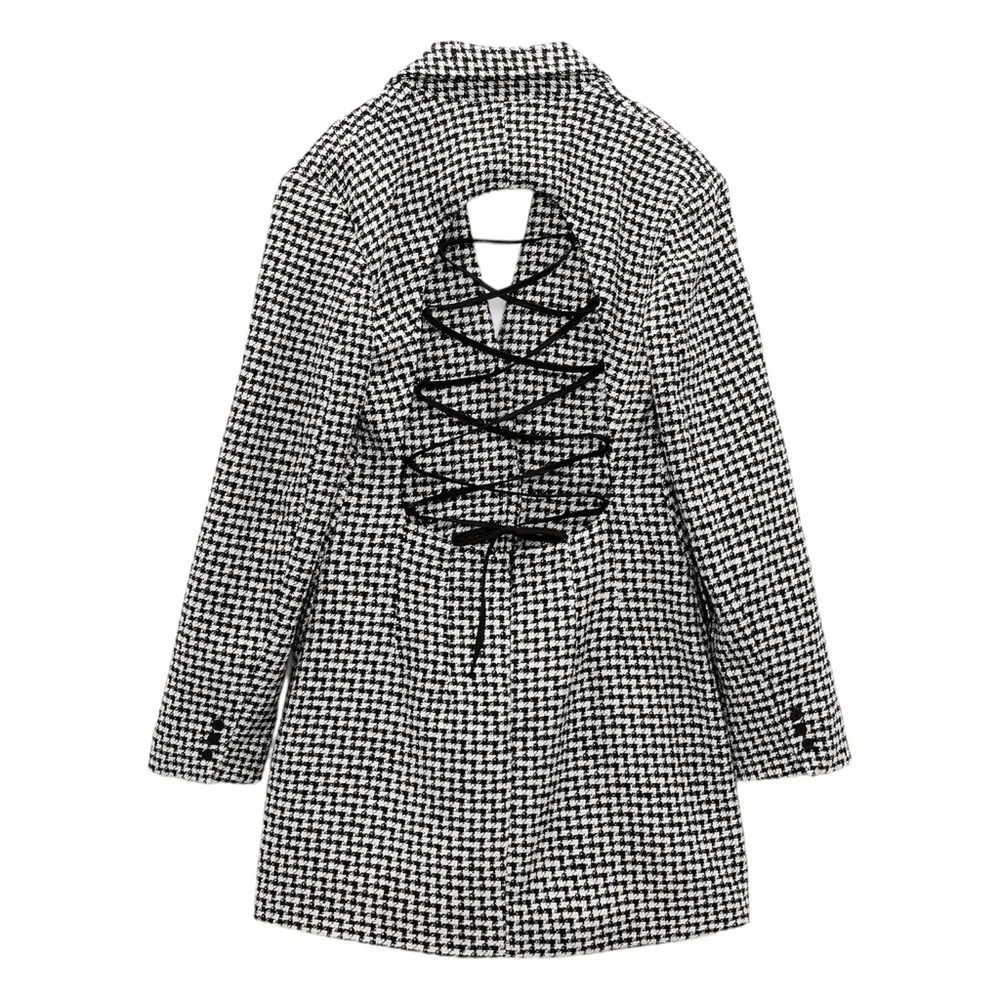 ZARA Tweed Houndstooth Lace Up Open Back Preppy Academia Blazer Mini Dress S - Picture 10 of 16